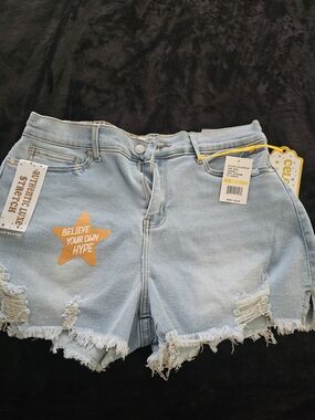 Light Blue Distressed High-Waist Denim Shorts - Believe Your Own Hype